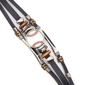 Changeable Yik Fung Snap Charm 3-Strand Bracelet Leather‎ Beaded Baseball Charm